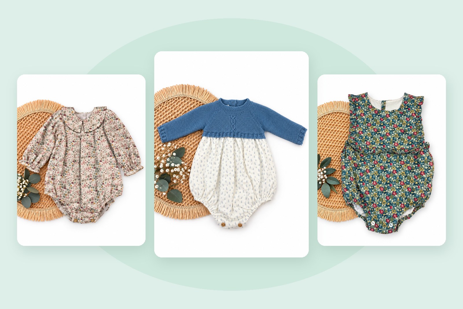 Tres peleles de bebé de Mi Tete Kids: uno de flores con cuello bebé, otro con cuerpo de punto azul y otro de flores sobre fondo verde