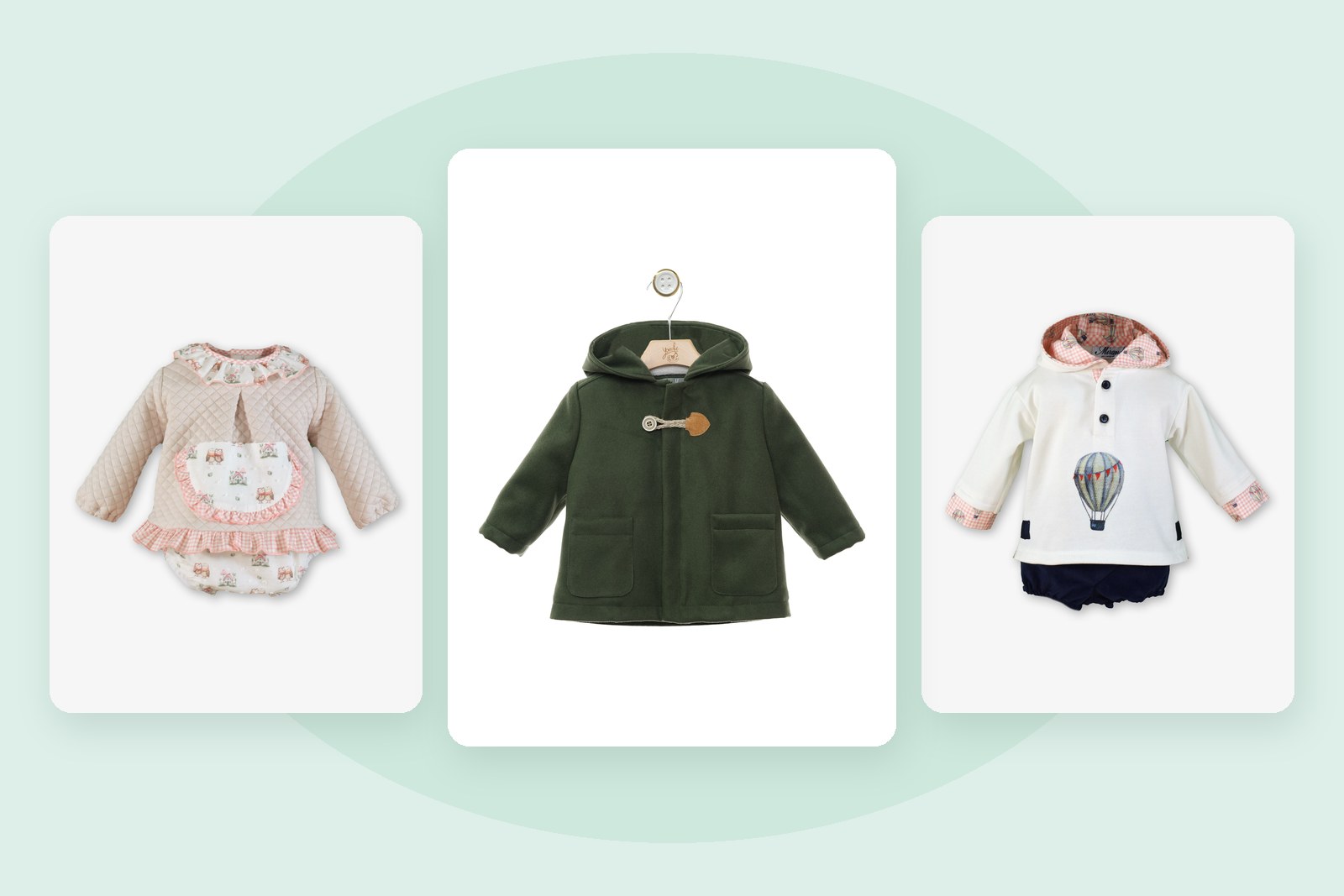 Conjunto de sudadera acolchada con braguita, trenca polar verde y sudadera con capucha de Mi Tete Kids para el otoño