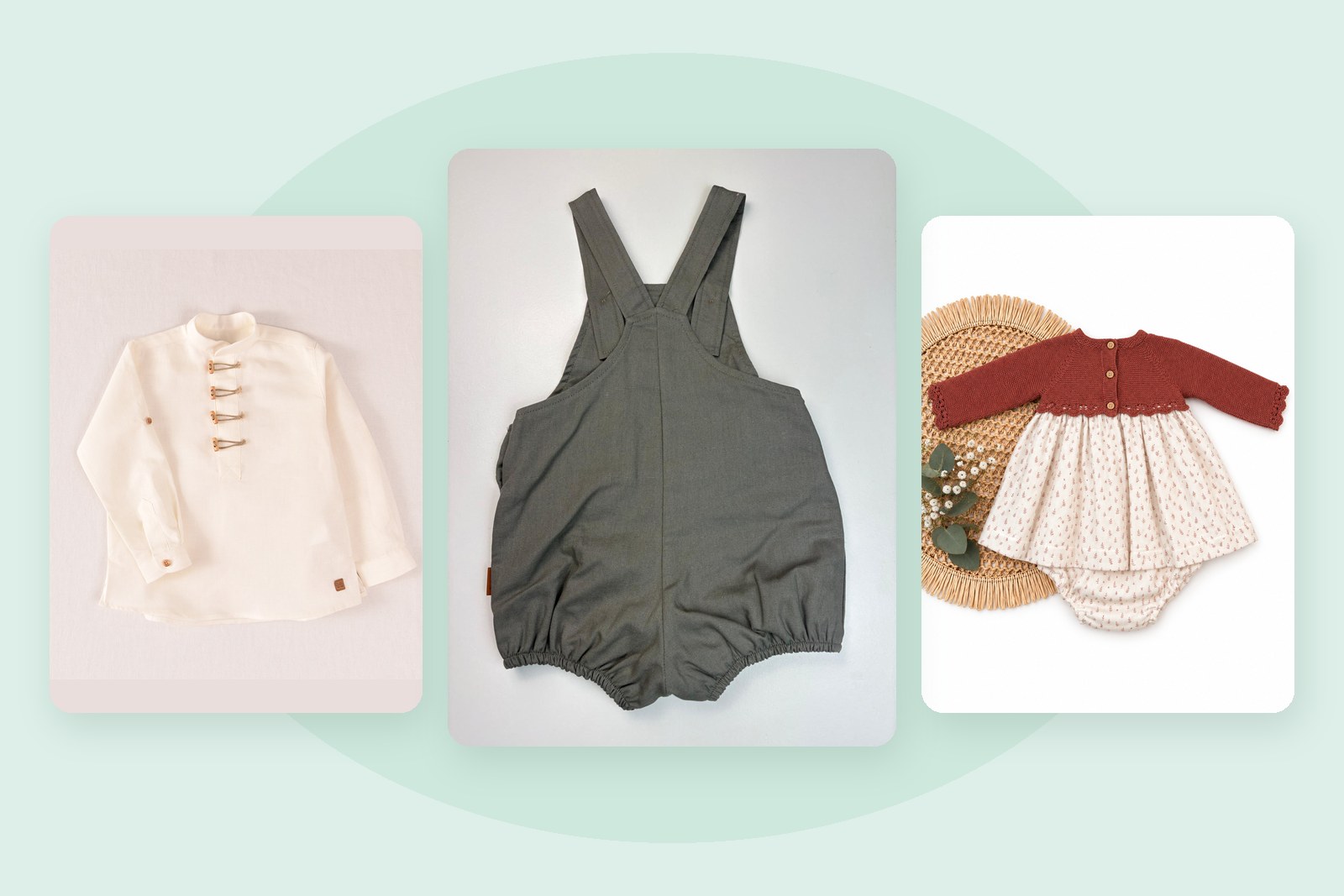 Blusa de lino blanca, peto rana de lino y jesusito con cuerpo de punto de Mi Tete Kids